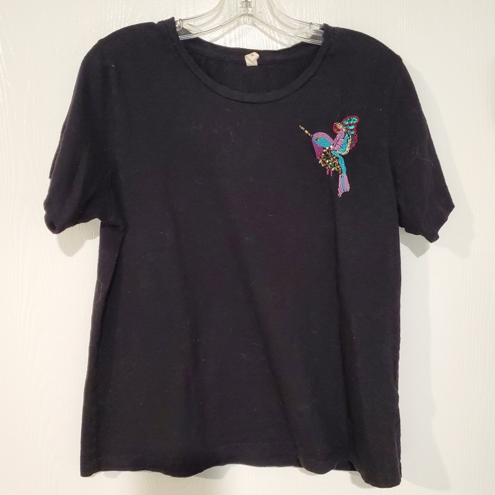 Anthropologie TINY Brand T-Shirt w/ Embroidered, Sequined Hummingbird, Sz M